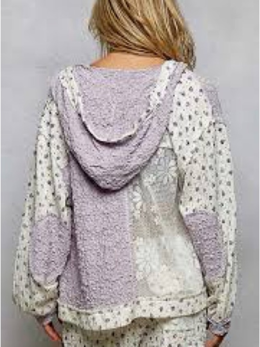 POL Lavender and Cream Patchwork Hooded Sweatshirt
